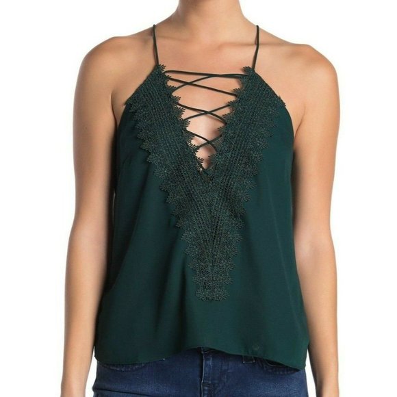 WAYF Camisole Top Hunter Green Size L Posie Deep Lace V-Neck Sleeveless - Picture 1 of 11